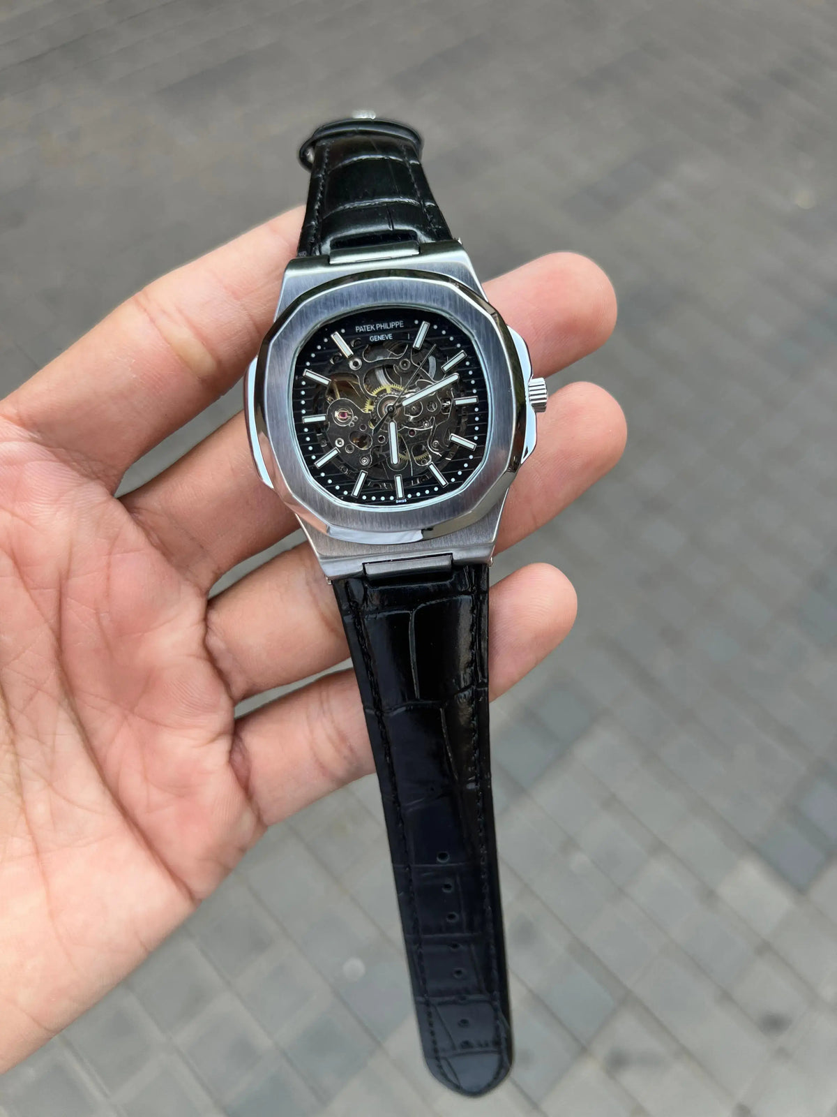 Patek Phillipe Skeleton Leather Belt Black Silver 