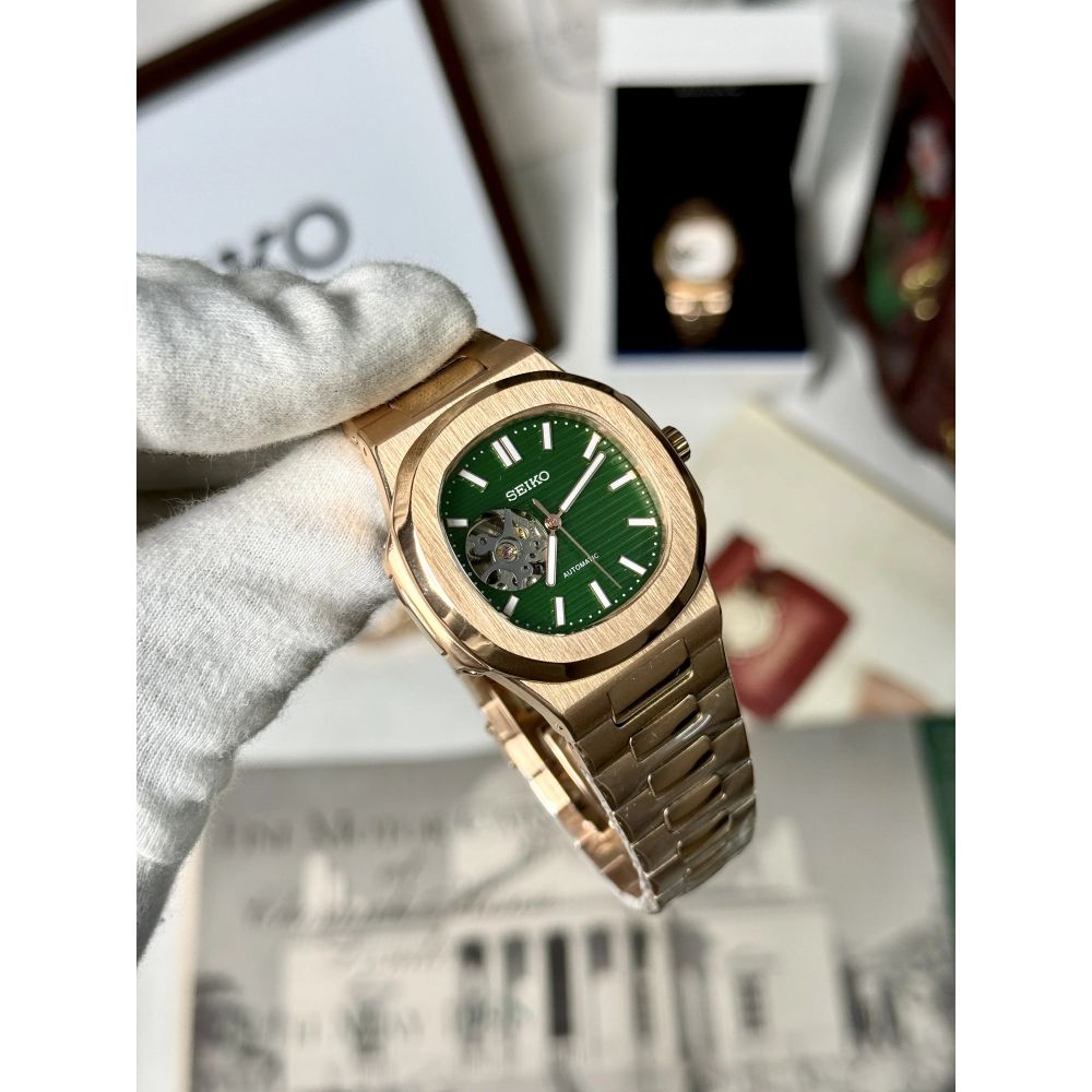 Seiko Nautiko Rose Gold Green Open Heart