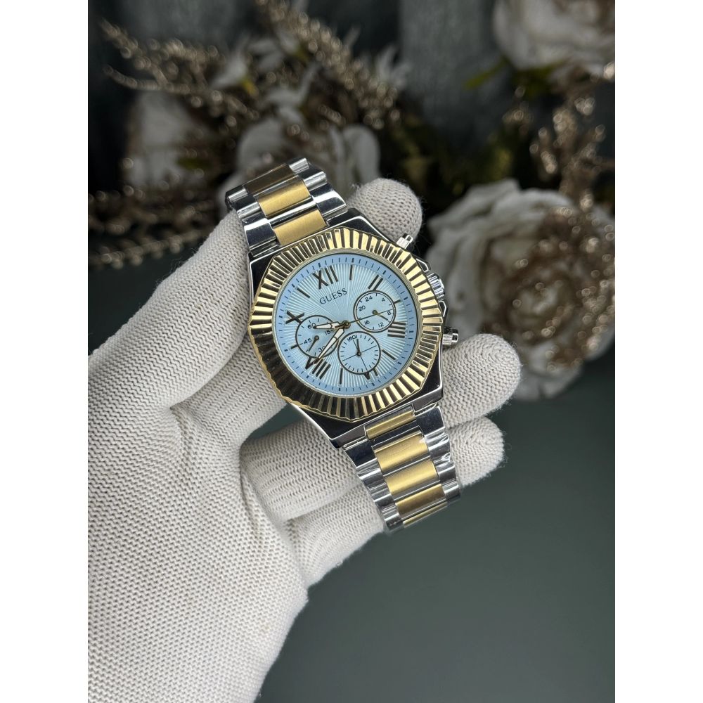 Gues s Equity Dual Tone Tiffany Blue Premium Chronograph Watch