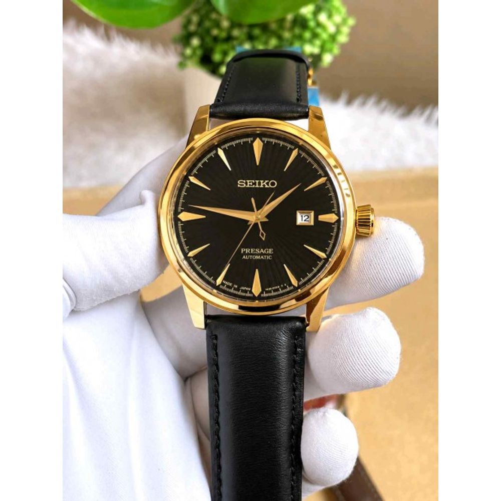 SEIKO PRESAGE AUTOMATIC LEATHER BELT BLACK GOLD BLACK DIAL AT502