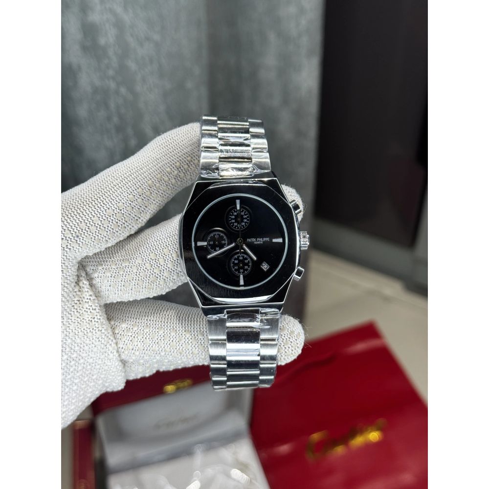 Patek  Philippe Silver Black Chronograph Premium Watch