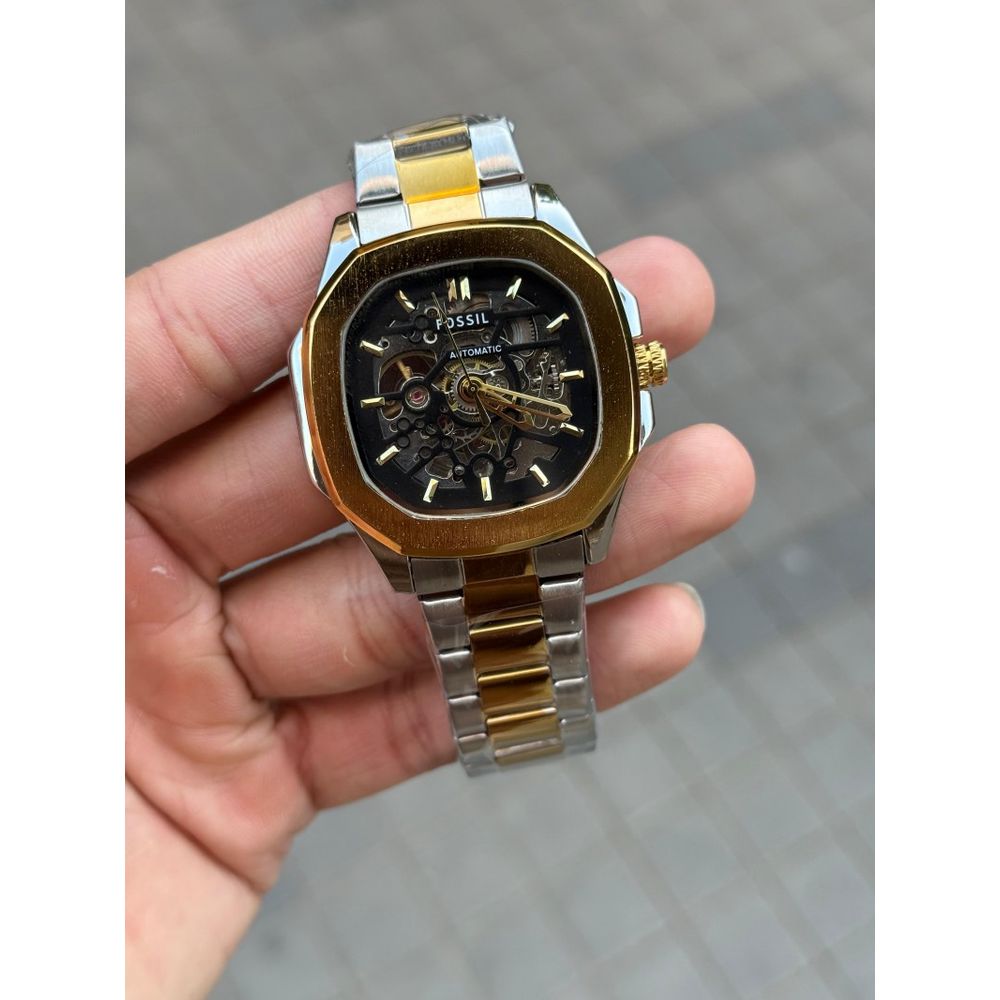 Fossi l Skeleton Square Automatic Gold Two Tone Black Dial