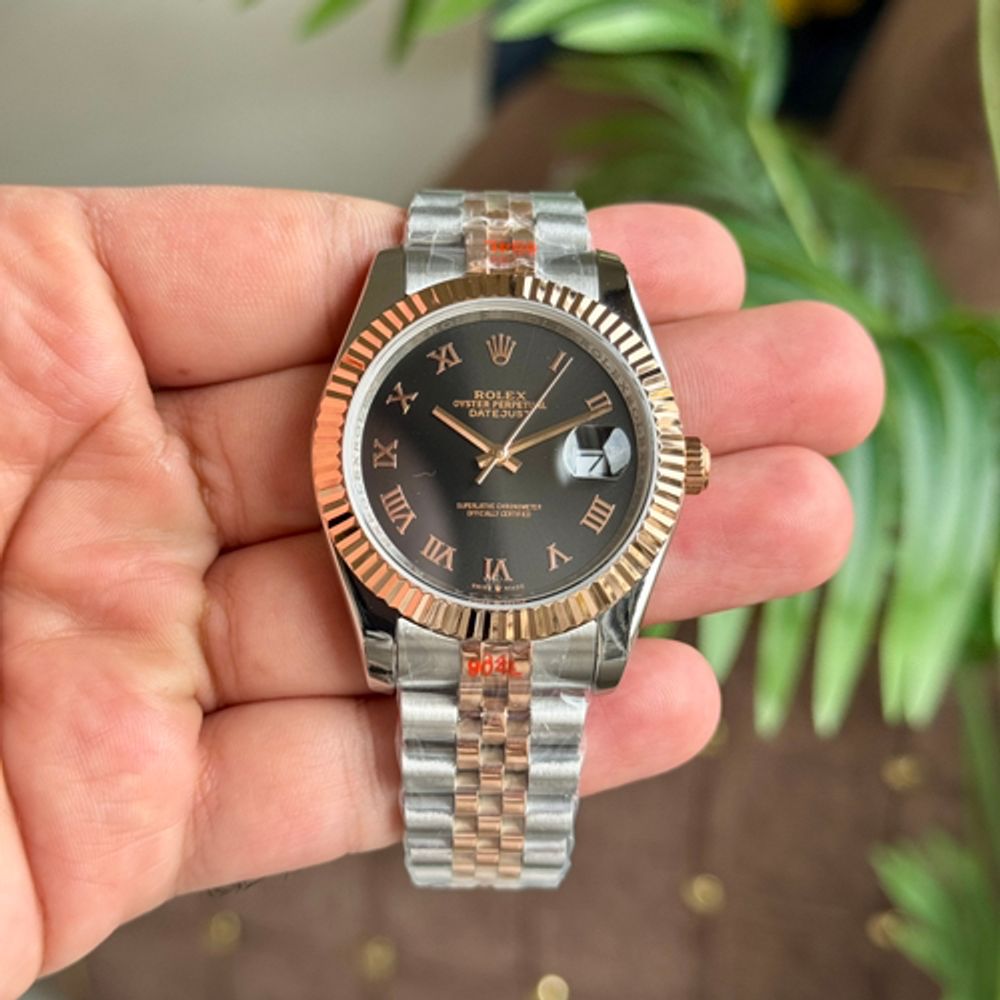 Rollex Date Just 41 Jubilee Strap Silver Rose Gold Black Dial Roman Figure