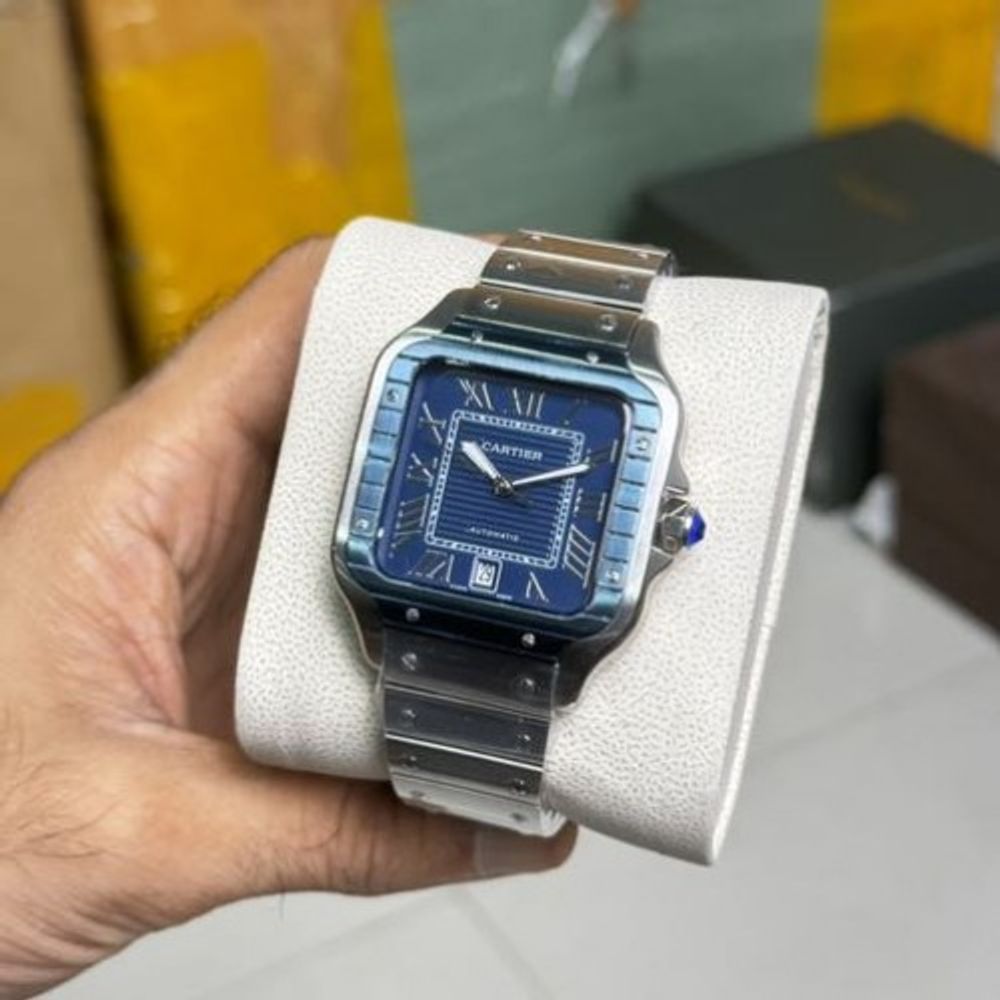 Cartiar Santos Stainless Steel Fluted Bezel Berry Blue Dial