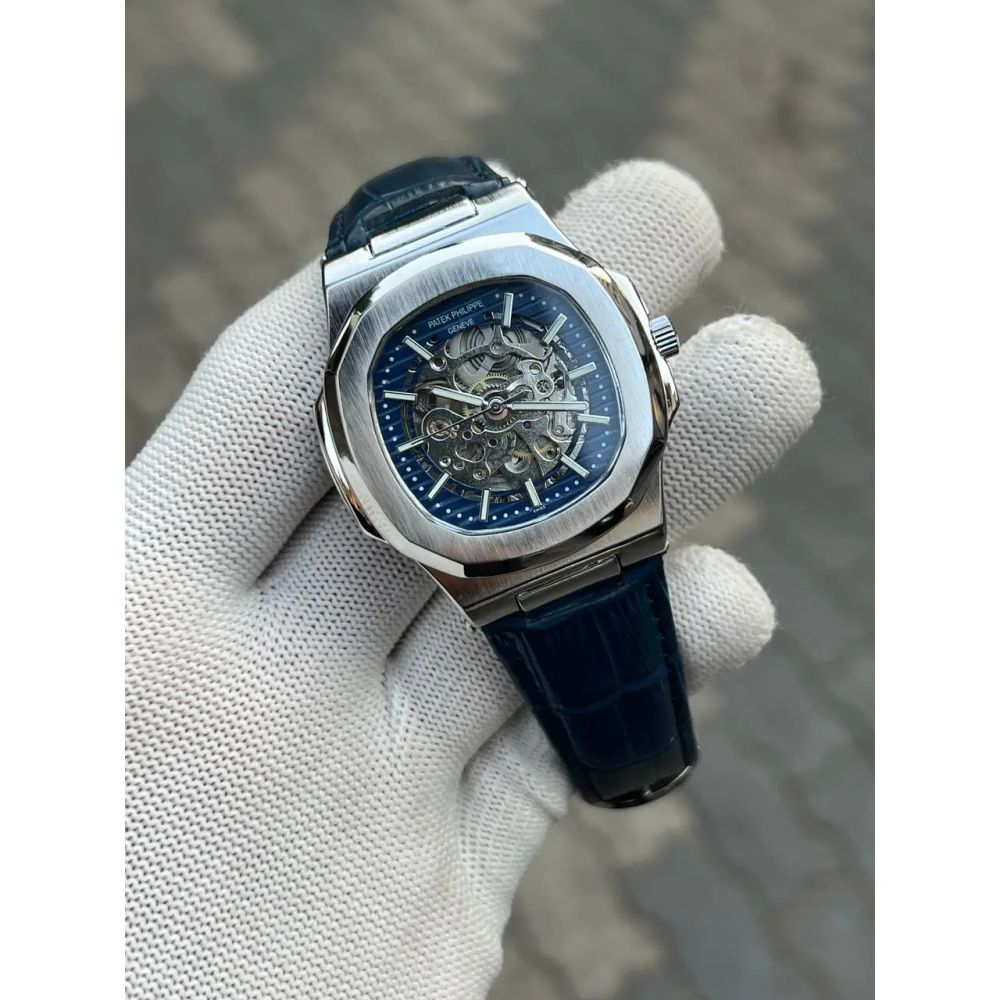 Patek Phillipe Skeleton Leather Belt Blue Silver