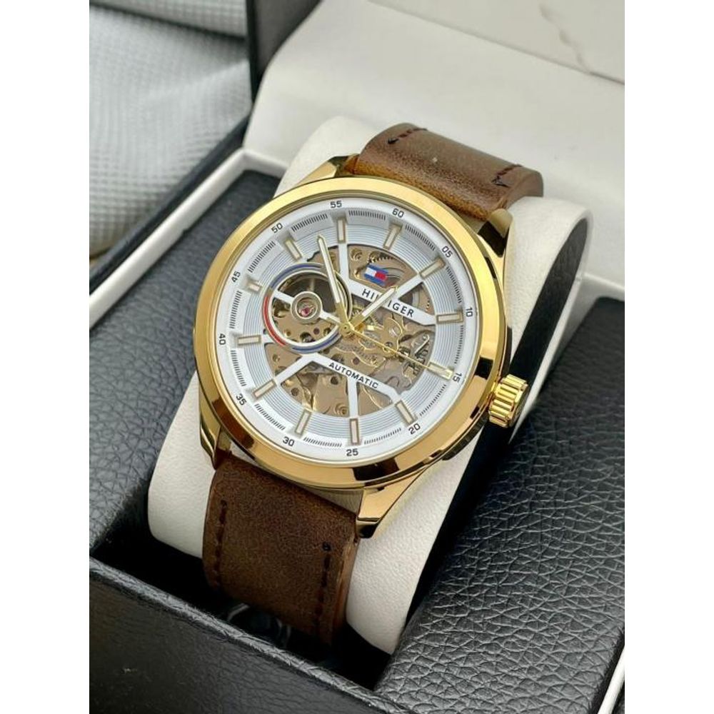 Tommy Hilfigar Automatic Leather Brown Gold White AT143