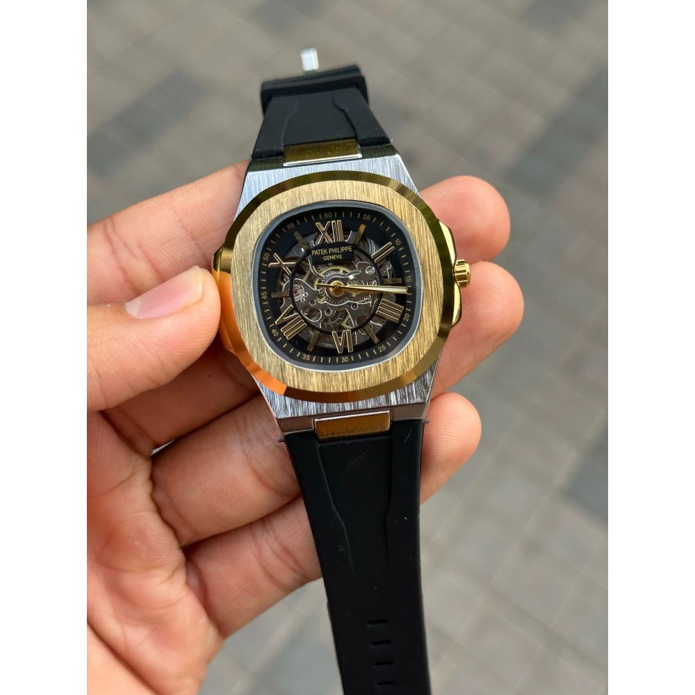 Patek Phillip e Nautilus Skeleton Silicone Gold Two Tone Black