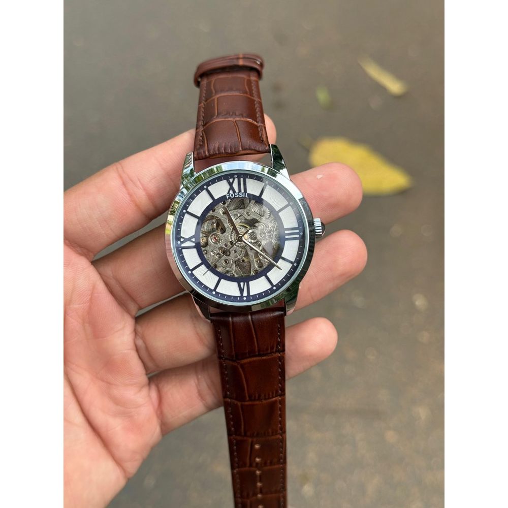 Fossi l Open Machine Automatic Silver Brown Leather