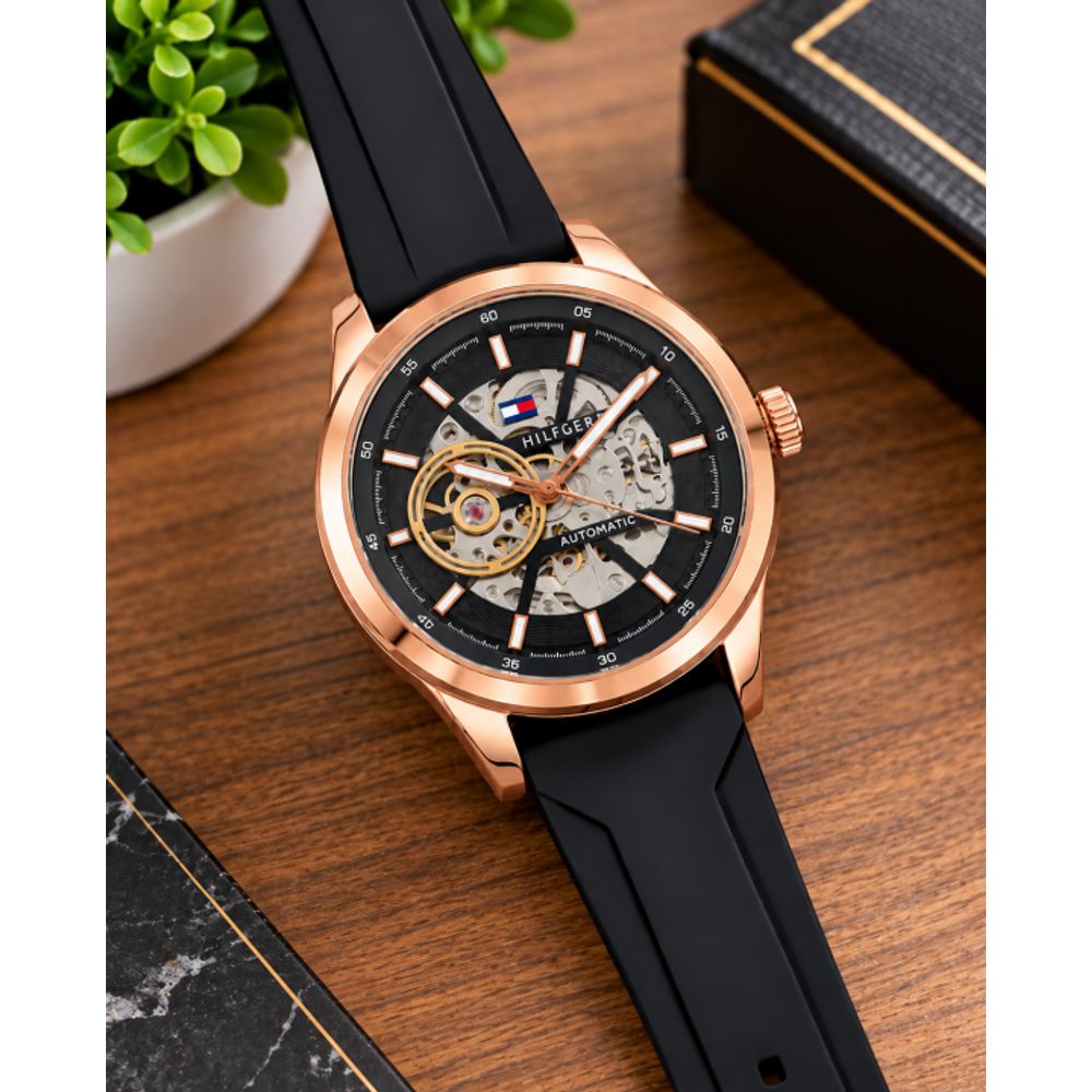 Tommy Hilfigar Automatic Silicon Belt Black Copper Black AT145