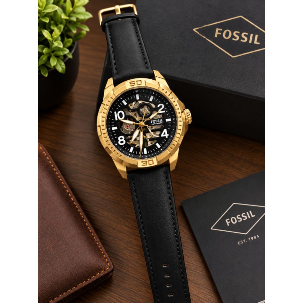 Fosil Automatic Gold Black Lether
