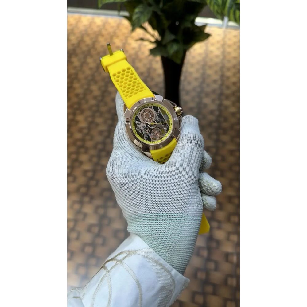 Jacob Co CR7 Limited Edition timepiece featuring skeletonized dial with a yellow rubber