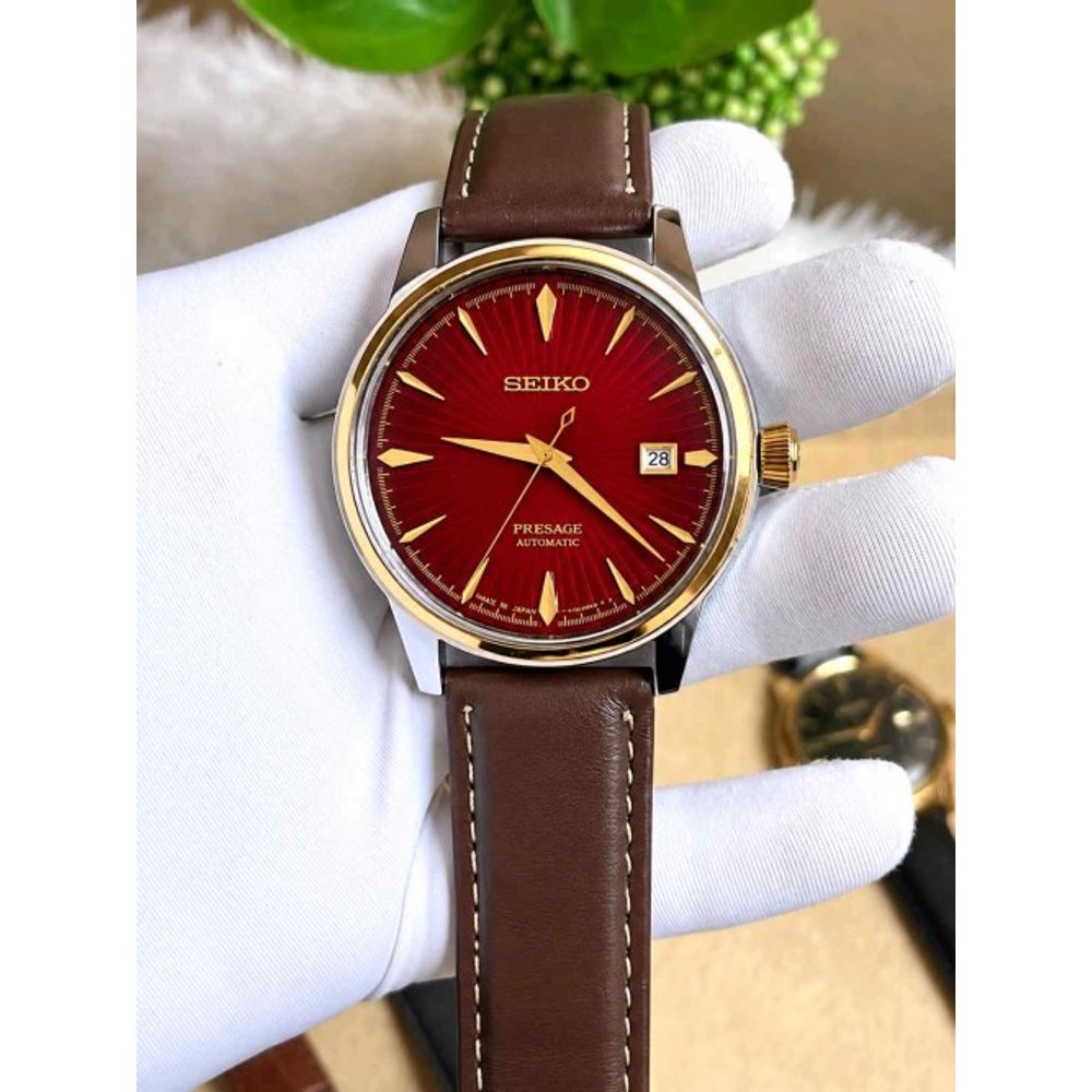SEIKO PRESAGE AUTOMATIC LEATHER BELT BROWN RED DIAL AT502