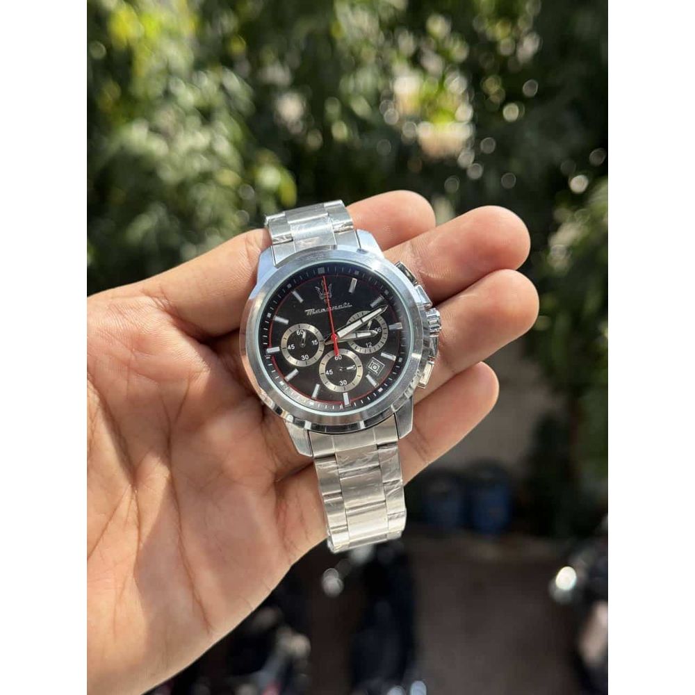Maserati Metal Silver Black Dial Chronograph Watch