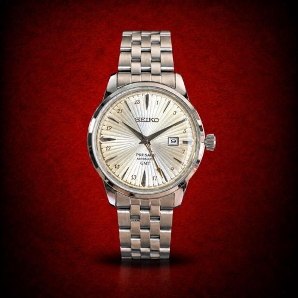 Seiko Pressge Cocktail Time GMT Stainless Steel Sunray Dial