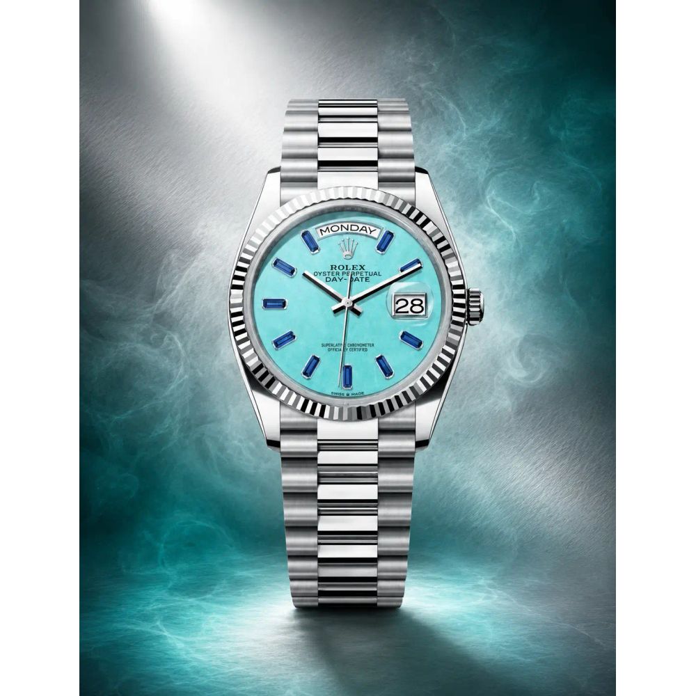 ROLEX DAY DATE 36 TURQUOISE WITH BLUE BAGUETTE HOUR MARKERS