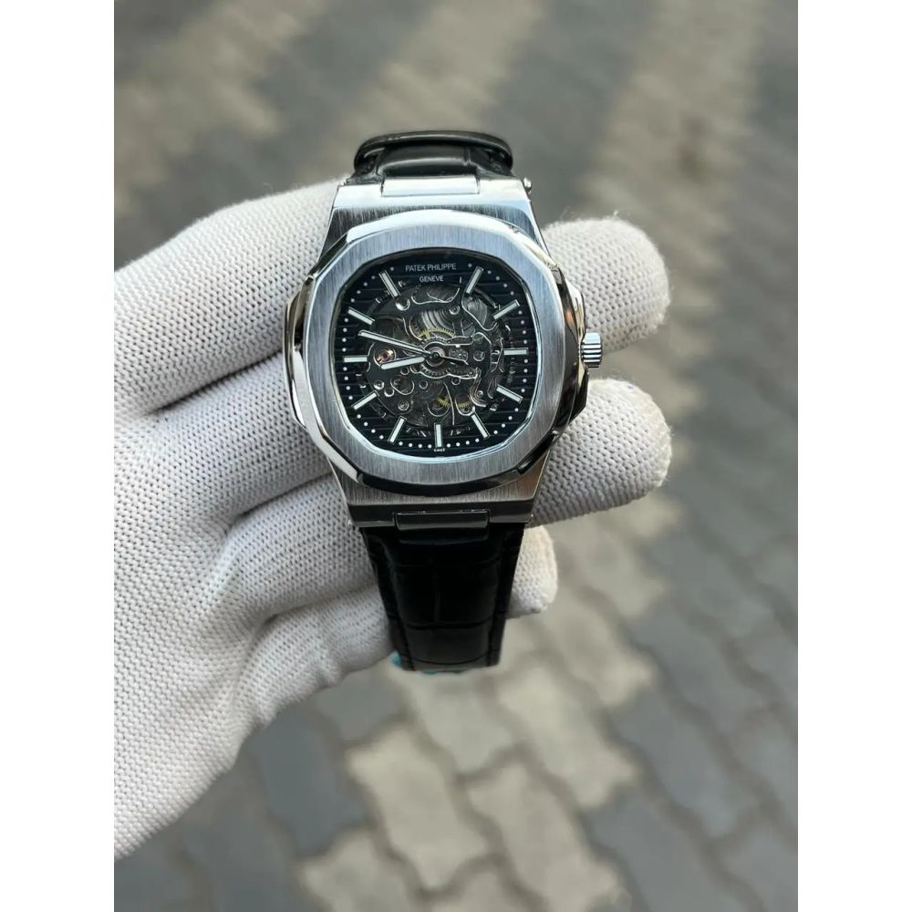 Patek Phillipe Skeleton Leather Belt Black Silver
