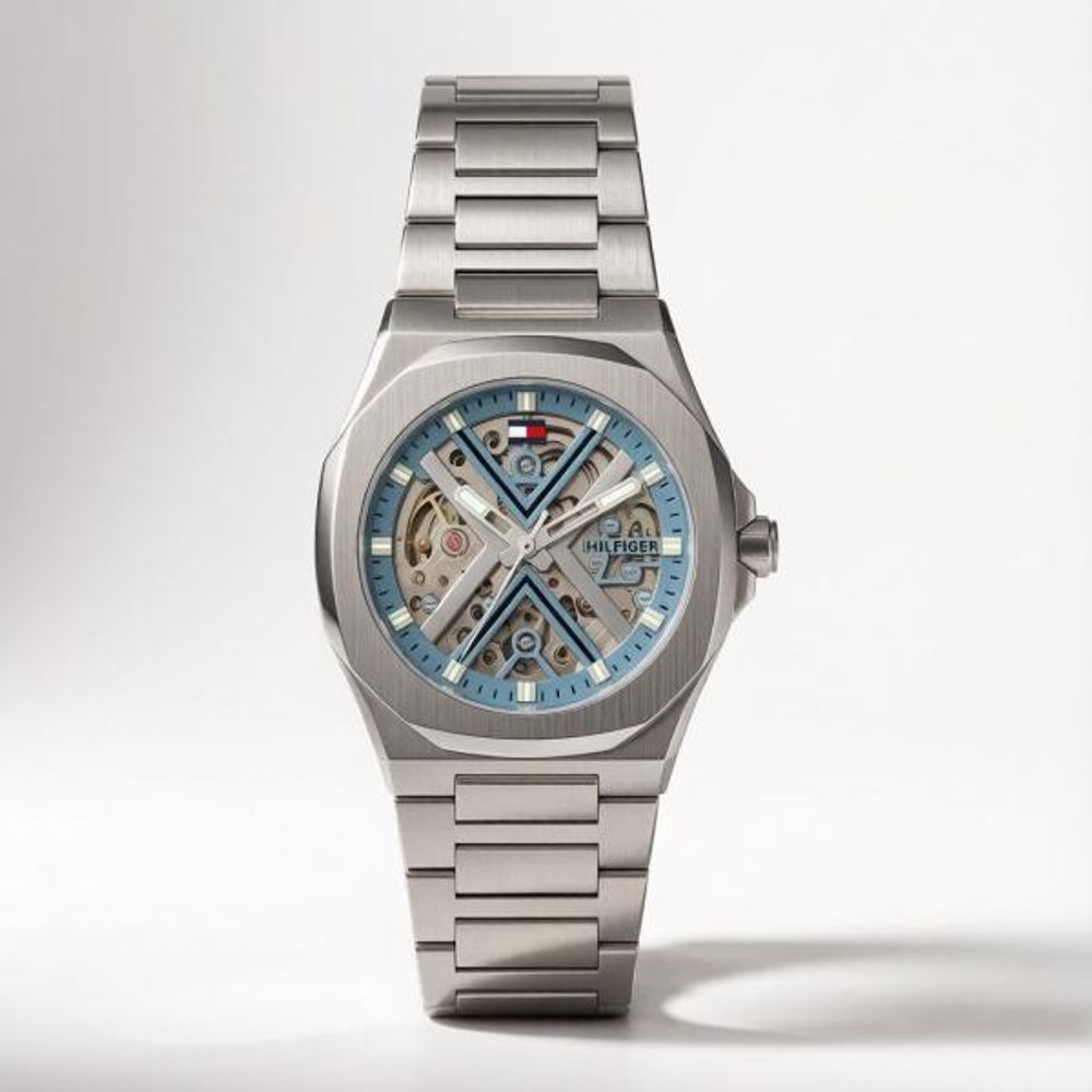 Tommmy Hilfige_r Skeleton Automatic Silver-Sky Blue