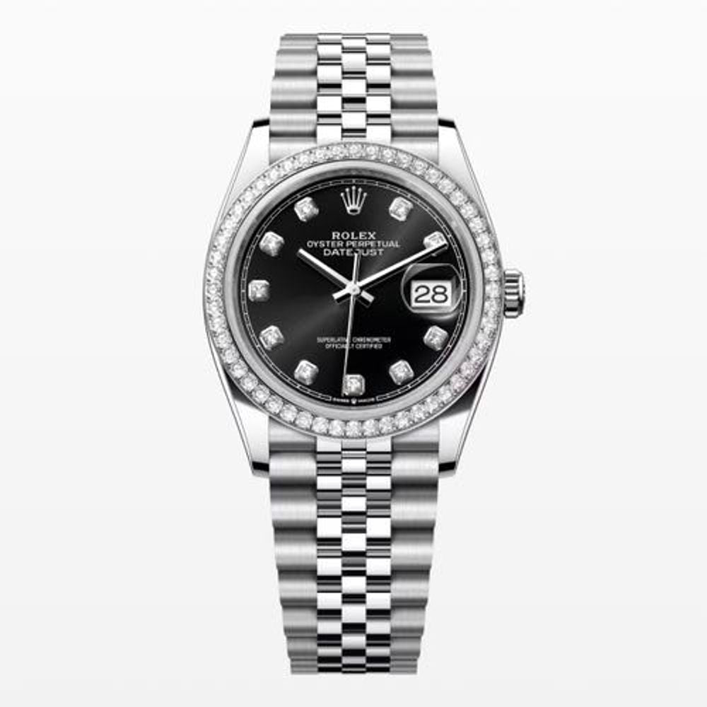 Unisex Date Just 36 Diamond Set Bezel Black Dial