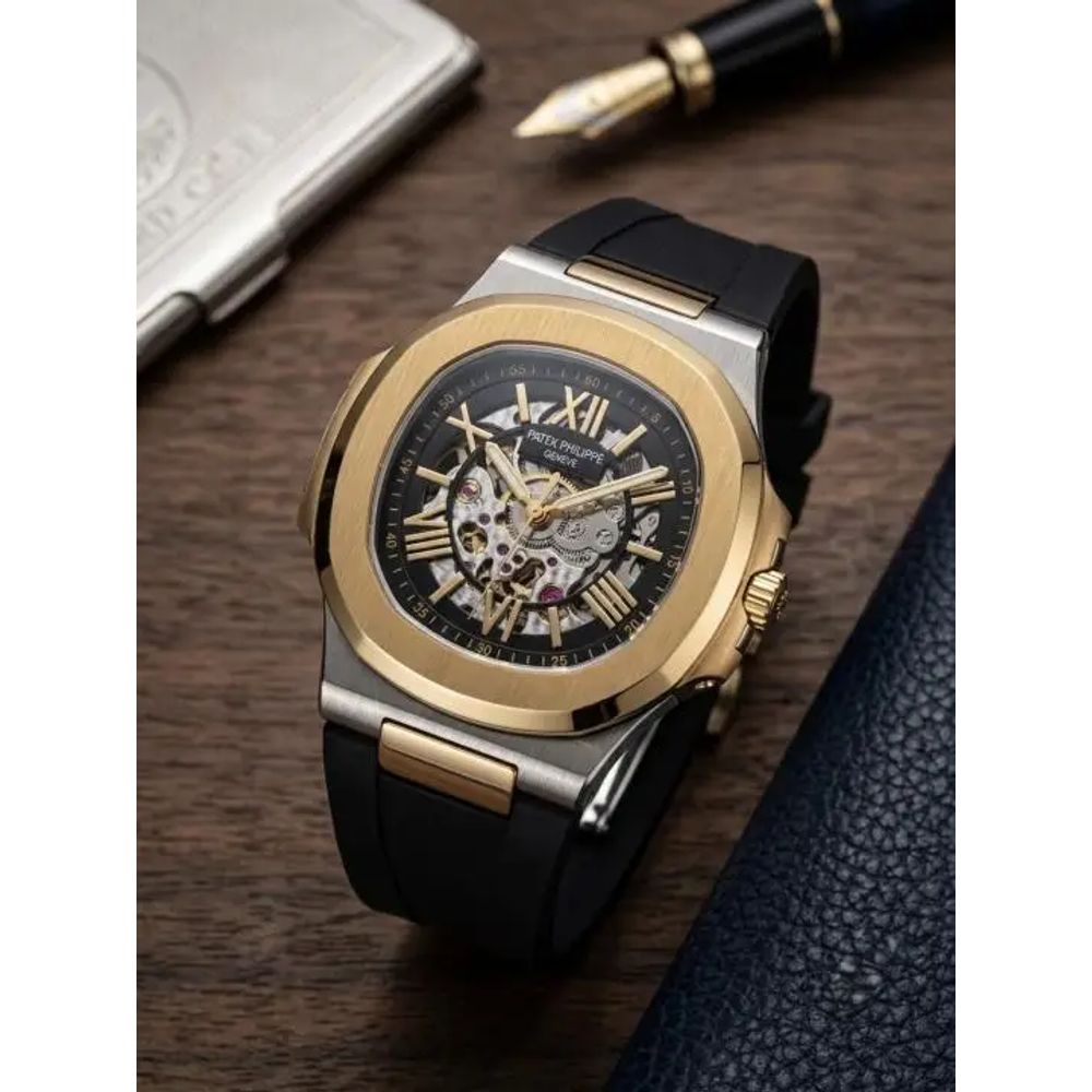 Patek Phillip e Nautilus Skeleton Silicone Gold Two Tone Black