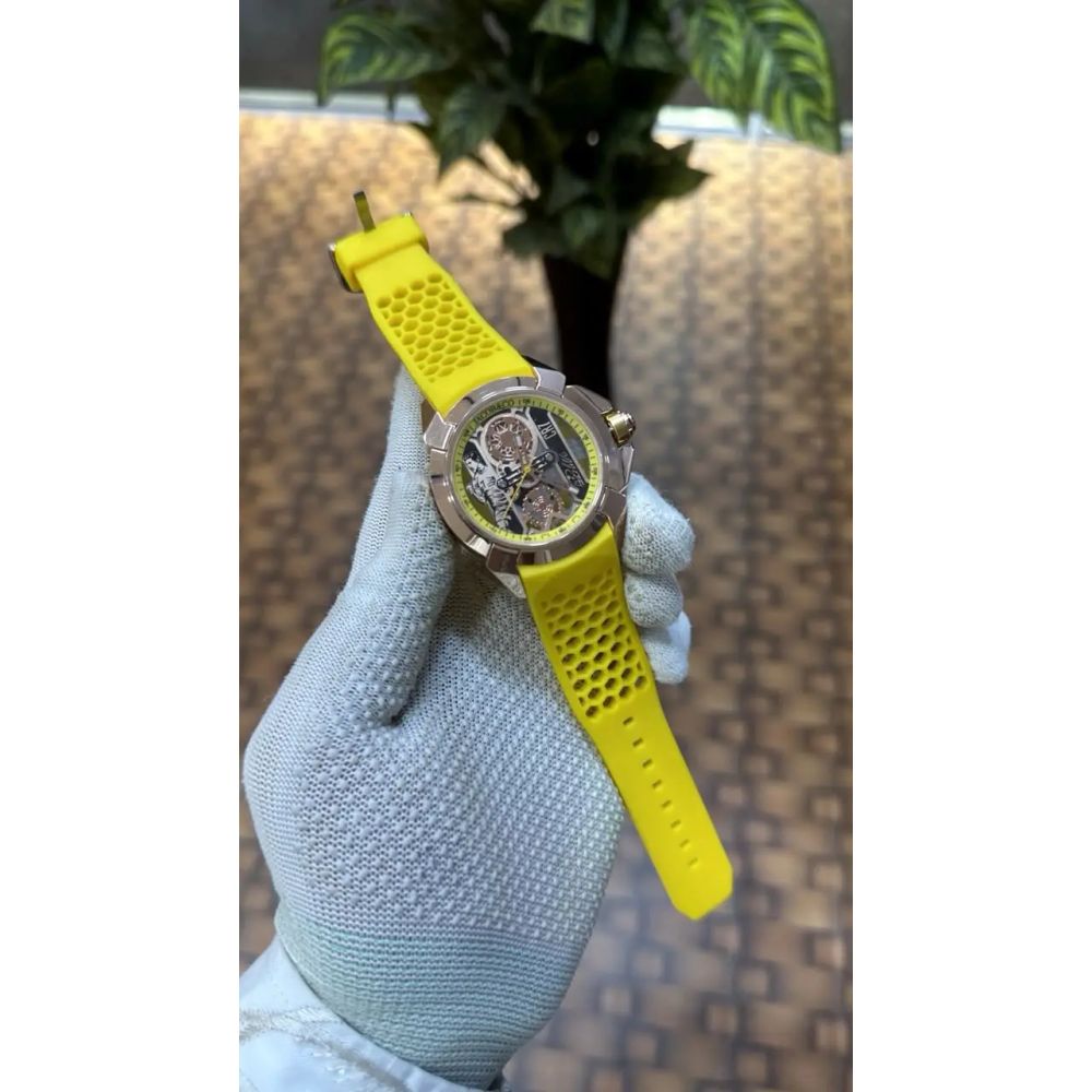 Jacob Co CR7 Limited Edition timepiece featuring skeletonized dial with a yellow rubber