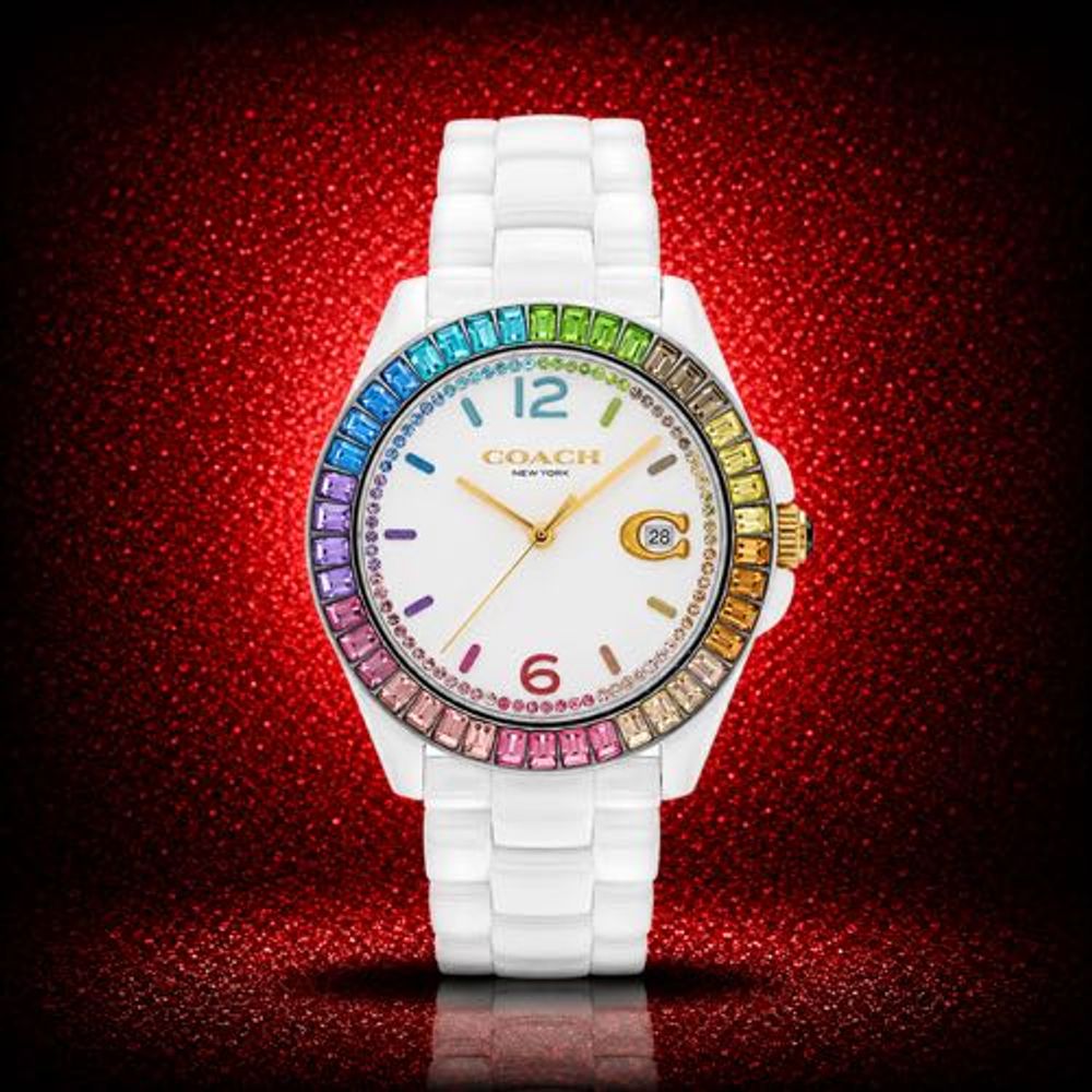 Authentic Grade Coatch Greyson White Ceramic Rainbow Crystal Bezel Women Swach