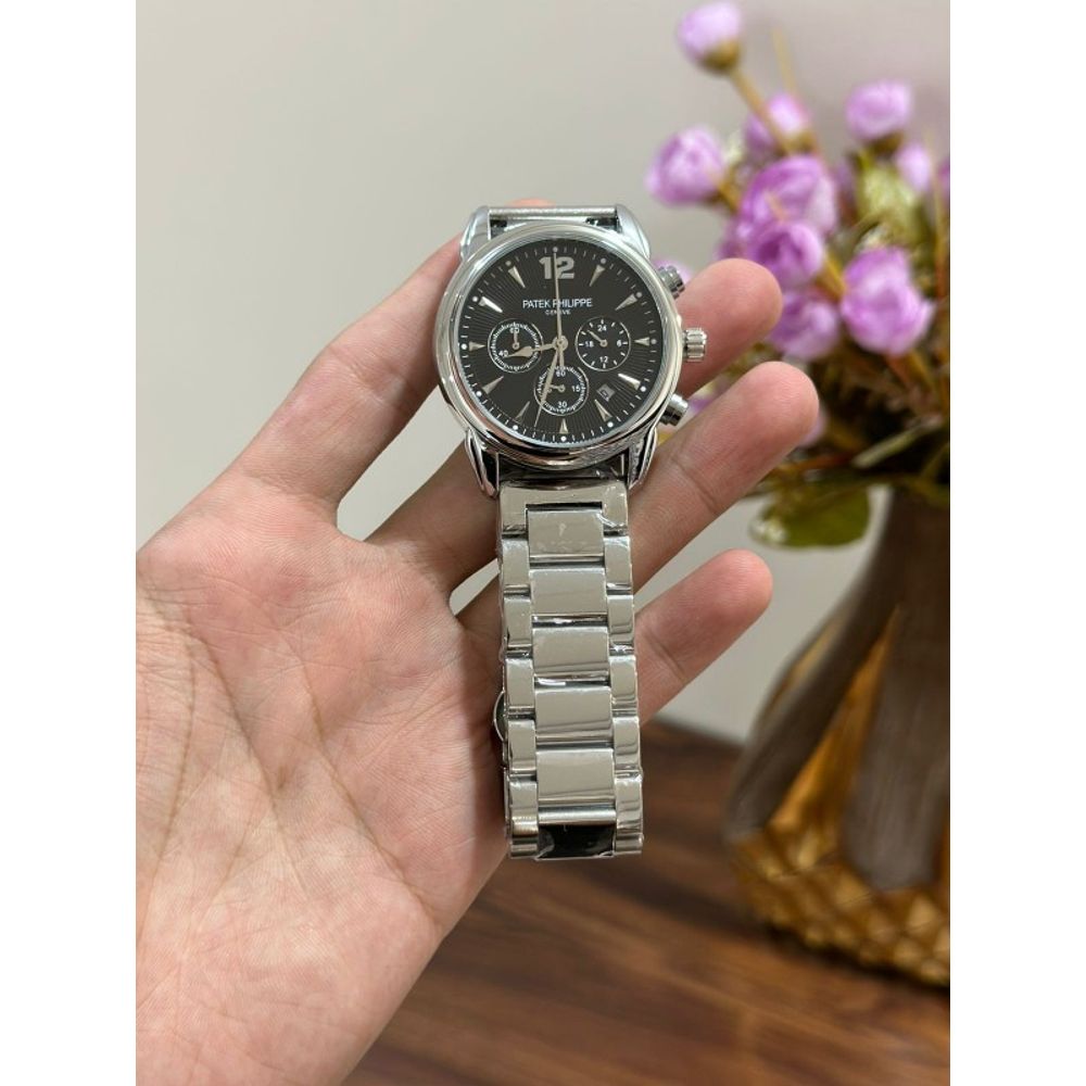 Patek Philipe Silver & Black Dial Chronograph Working