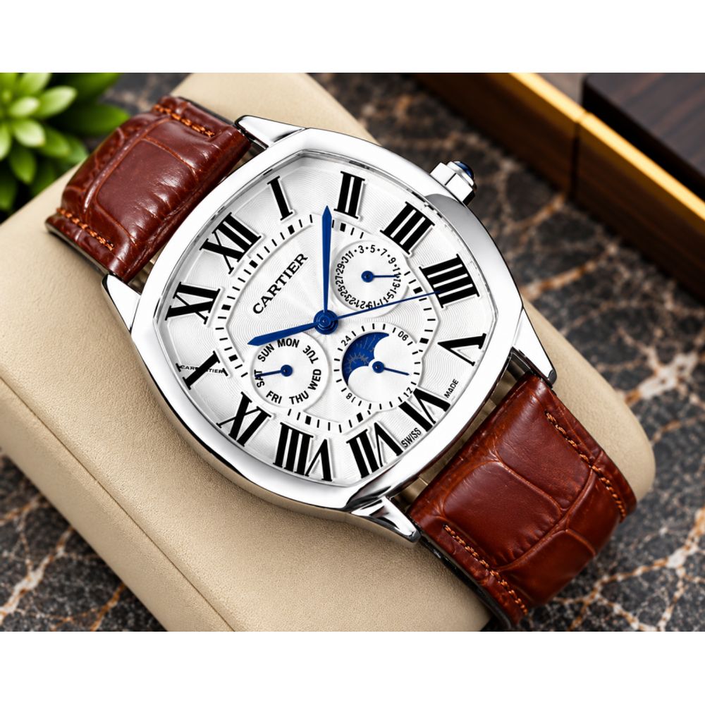 Cartiar Sun Moon Slim Brown Leather Belt Silver White Dial AT428