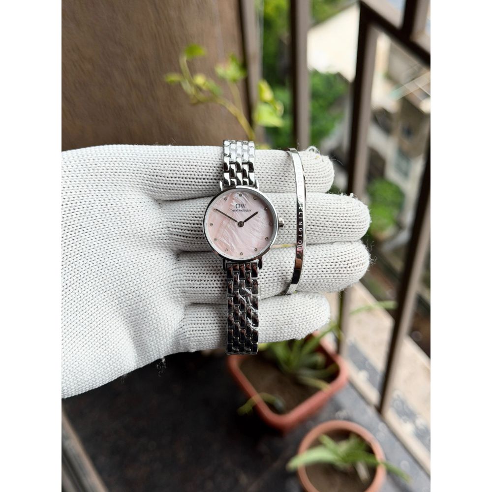 Daniel Wellington Petite Lumine Silver Rose Pink with Classic Silver Bracelet