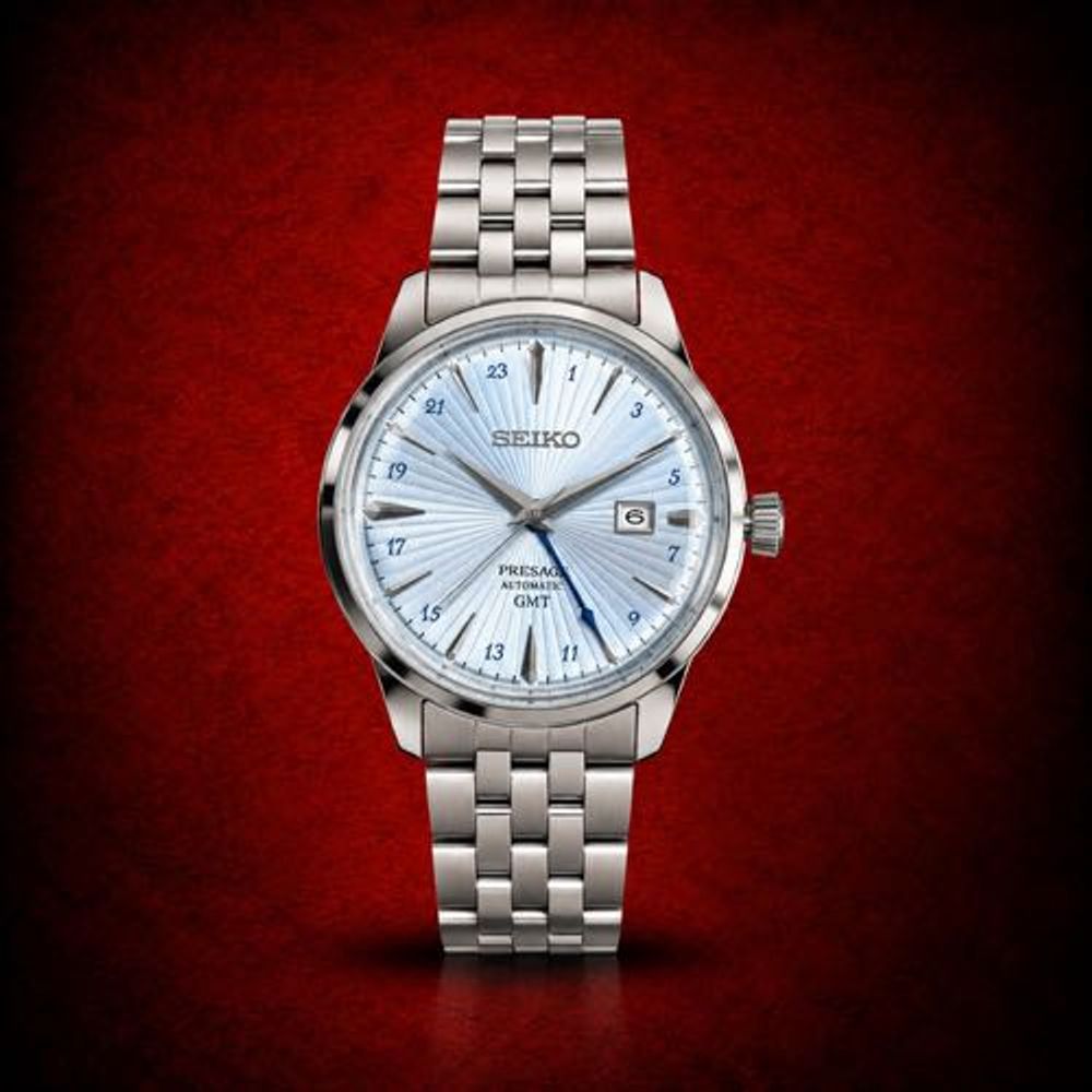 Seiko Pressge Cocktail Time GMT Stainless Steel Sky Blue Dial