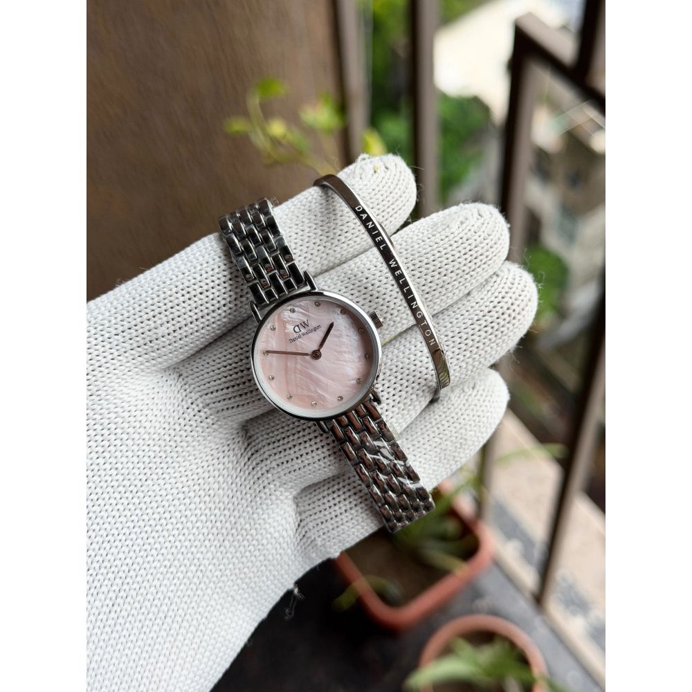 Daniel Wellington Petite Lumine Silver Rose Pink with Classic Silver Bracelet