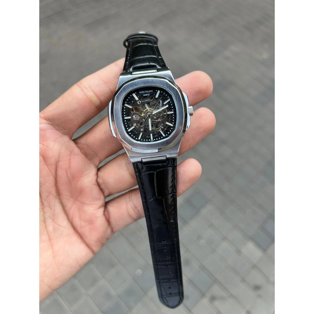 Patek Phillipe Skeleton Leather Belt Black Silver