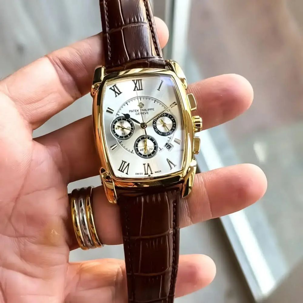 Patek Phillip_e Barrel Chronograph Gold White Brown Belt