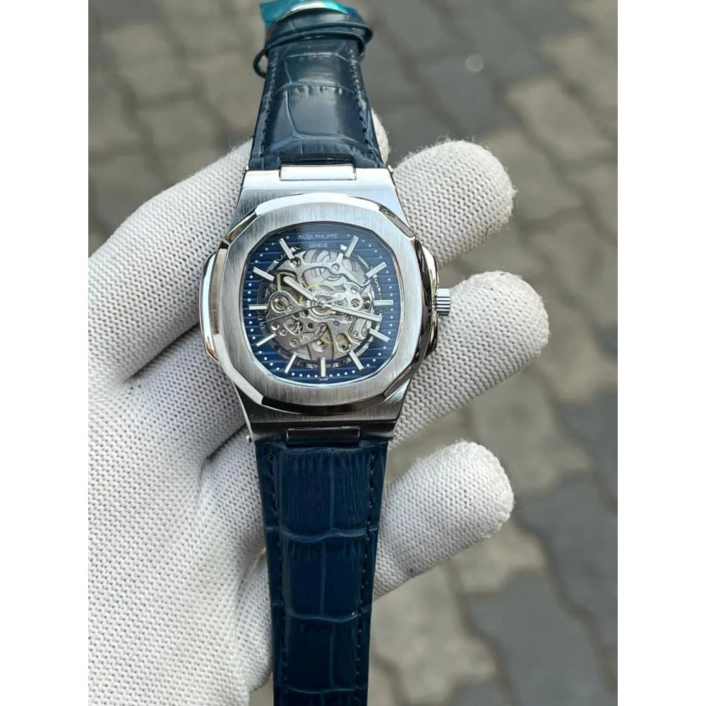Patek Phillipe Skeleton Leather Belt Blue Silver