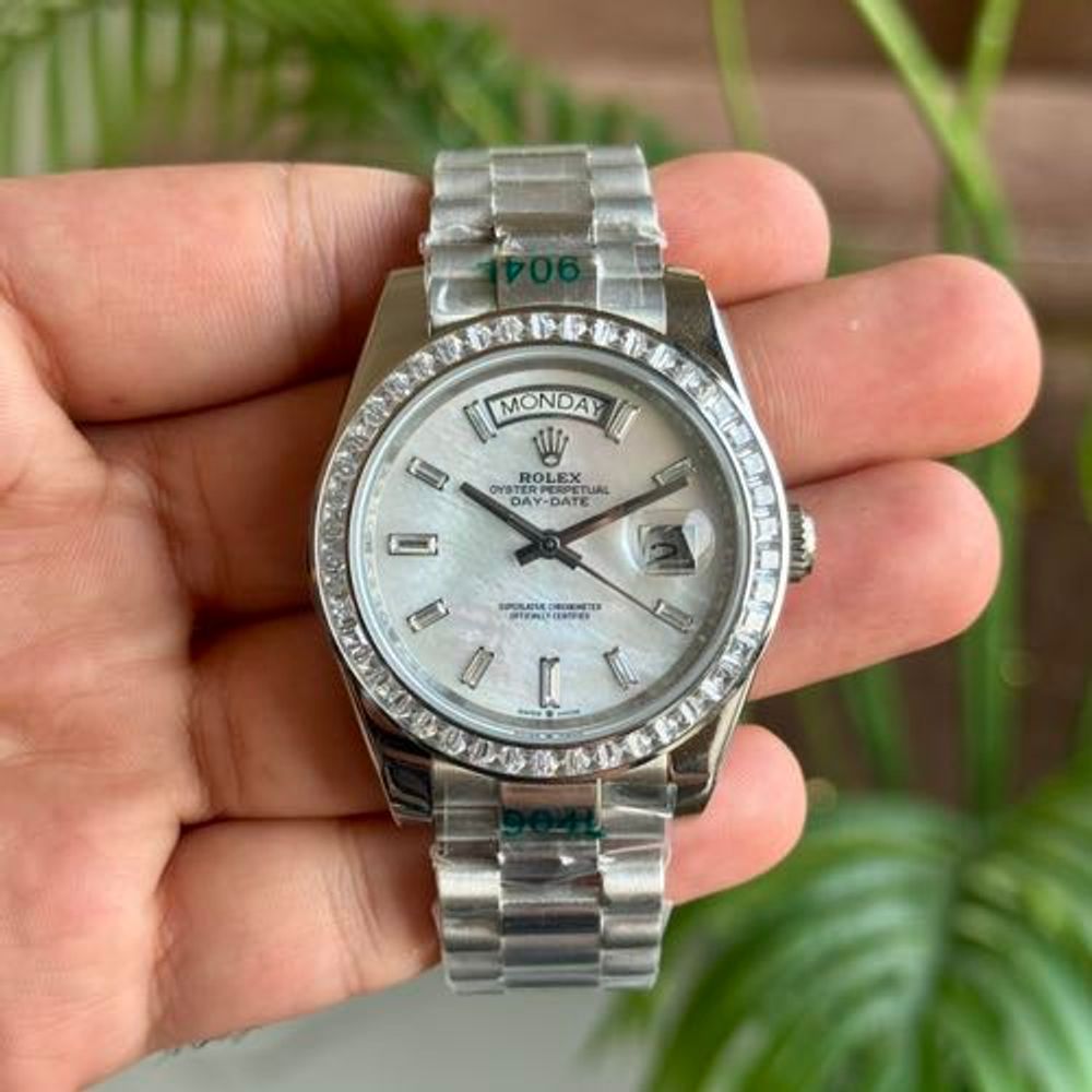 Rollex Day Date Silver MOP Dial Diamond Bezel
