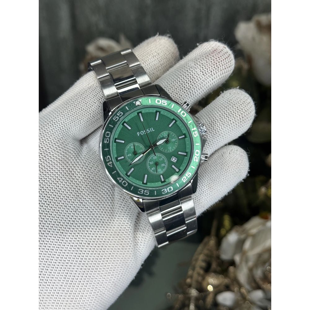 Fossil Bannon Silver Green Chronograph Watch