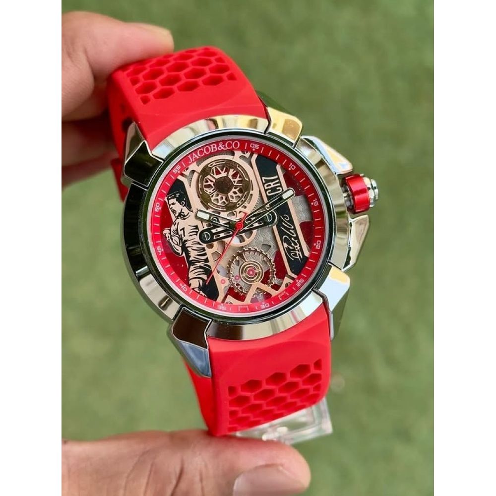 Jacob Co Epic X CR7 limited edition timepiece featuring a skeletonized dial with a red rubber