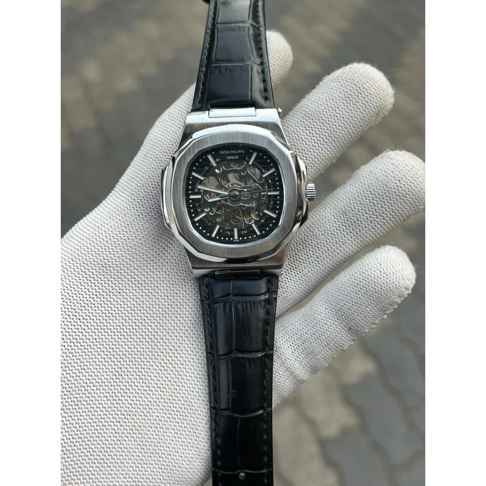 Patek Phillipe Skeleton Leather Belt Black Silver