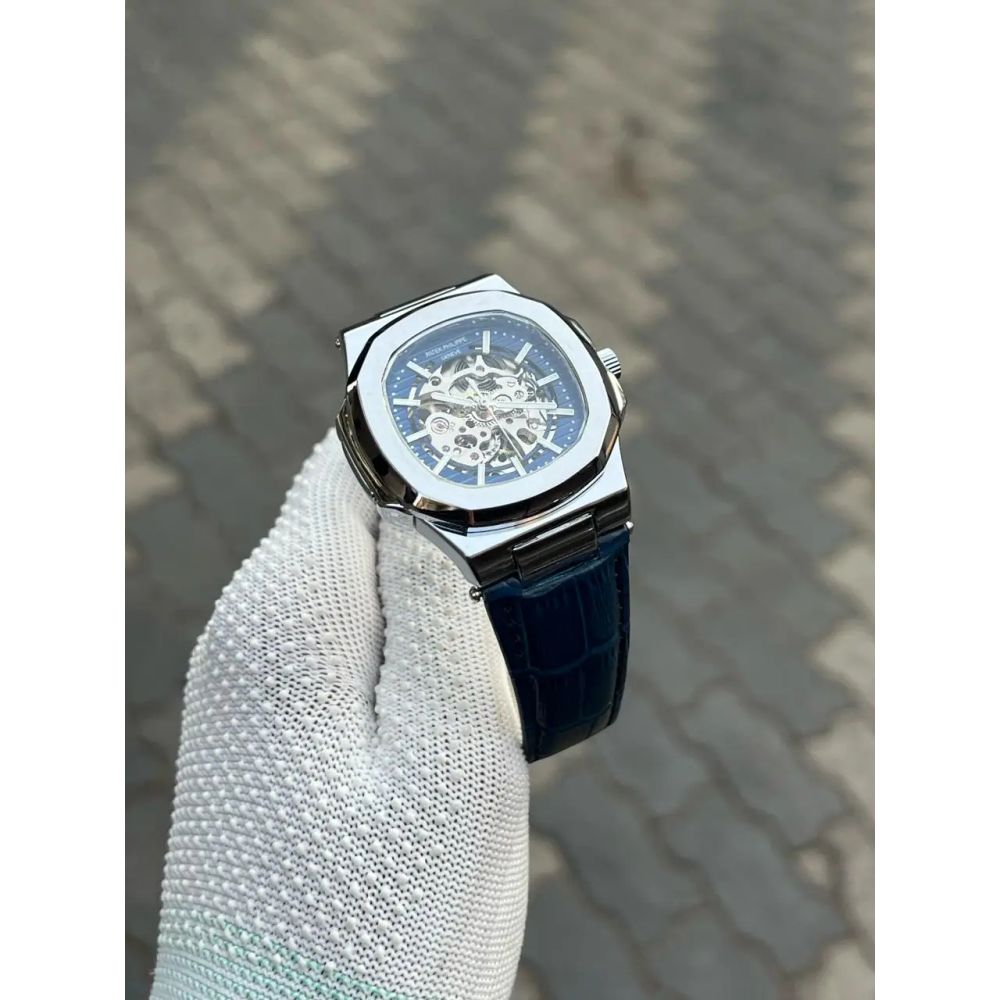 Patek Phillipe Skeleton Leather Belt Black Silver