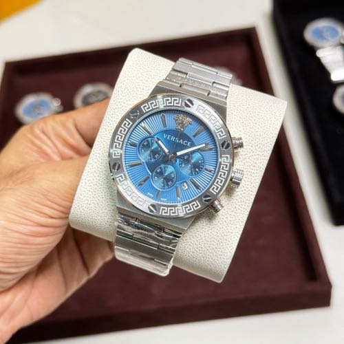 Versace Greca Triple Silver Chronograph Watch Blue Dial