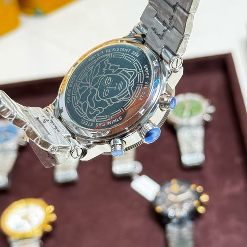Versace Greca Triple Silver Chronograph Watch Blue Dial