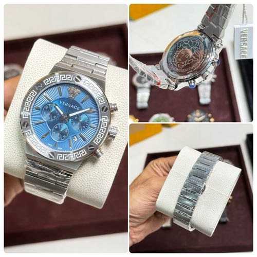 Versace Greca Triple Silver Chronograph Watch Blue Dial