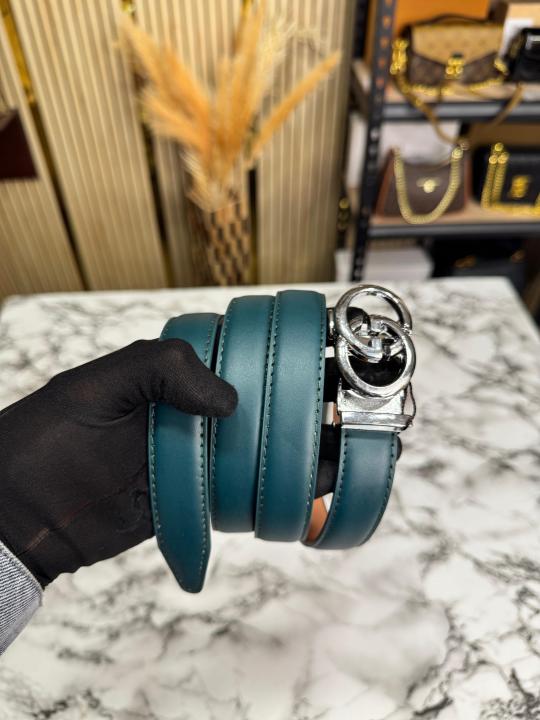 Gucc_i Leather Belt With Silver GG Buckle Includes Box (Green)