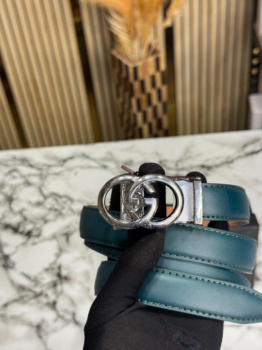 Gucc_i Leather Belt With Silver GG Buckle Includes Box (Green)