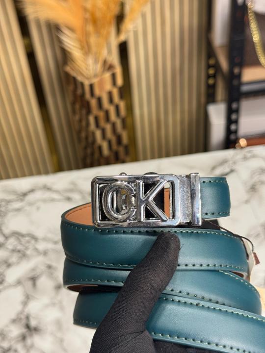 Calvin_Klein Green Leather Belt with Silver CK Buckle