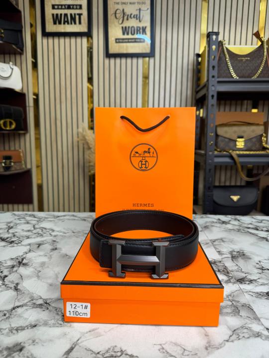 Herme_s Black Leather Belt with Matte Black H Buckle Full Set Includes (12-1)
