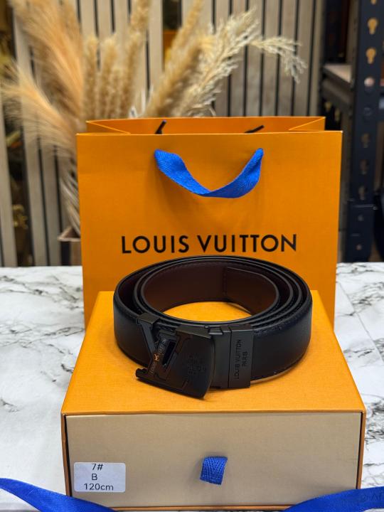 Loui_s Vuitton Black Leather Belt With Black LV Initials Buckle Includes Box and Carry Bag (7B)