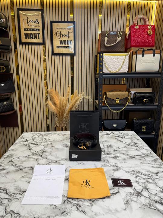Calvin_Klein Black Leather Belt With Signature CK Initial Buckle With Box Dust Bag Including Carry Bag (11-2)
