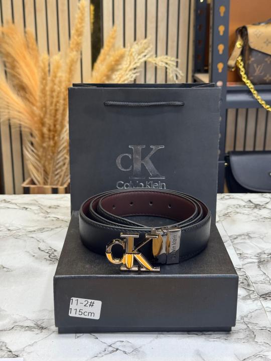 Calvin_Klein Black Leather Belt With Signature CK Initial Buckle With Box Dust Bag Including Carry Bag (11-2)