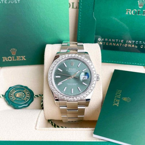 rollex_date just diamond silver green