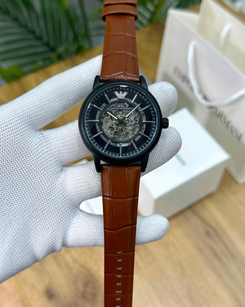 EMPORIO ARMA_ AUTOMATIC SKELETON BLACK BROWN LEATHER BELT